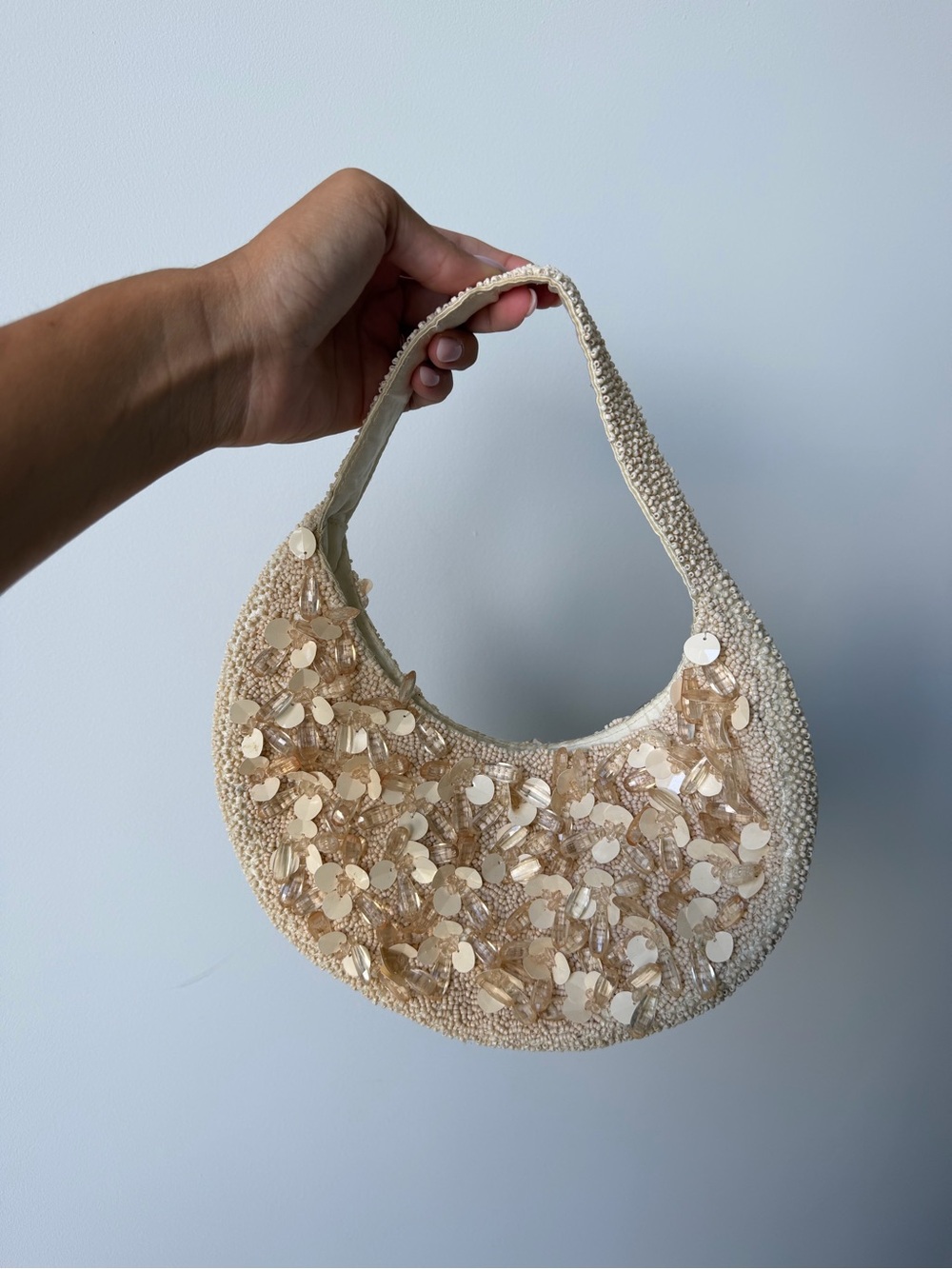 Beaded Pearl-Embellished Cream Crescent Shoulder Bag